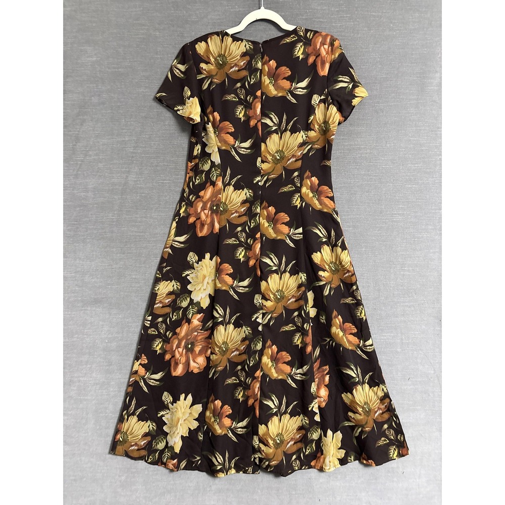 Vintage Petite Sophisticate Dress L Petite Brown Yellow Floral A Line Midi 90s - Picture 2 of 9